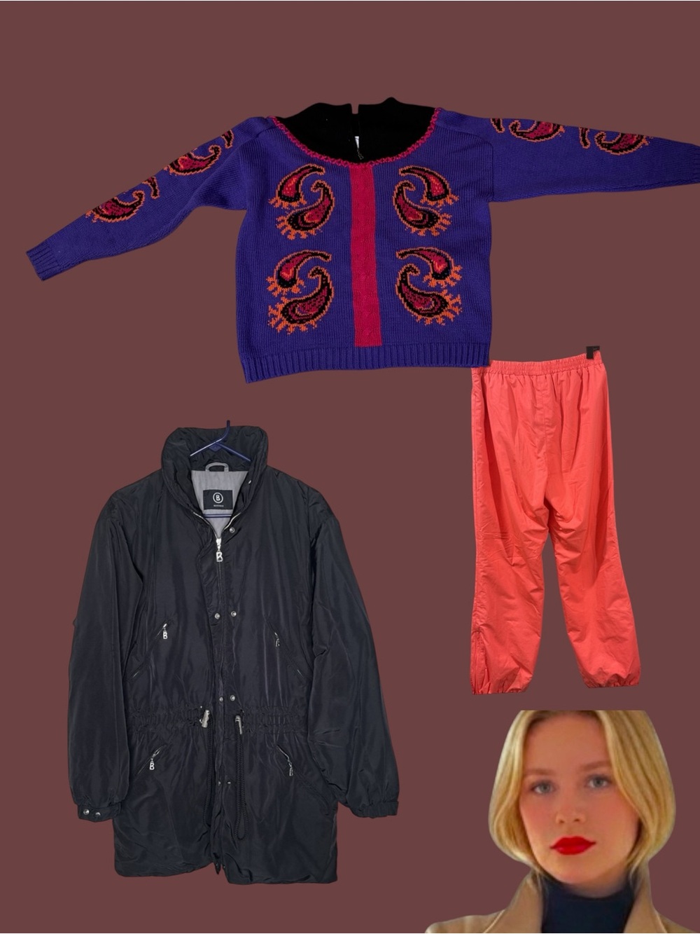 Bogner Purple Paisley-Pattern Crewneck Sweater with Pink Center